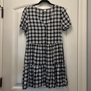 H & M Divided Women’s‎ V-Neck Short Sleeve Plaid Casual Dress Size S Black White